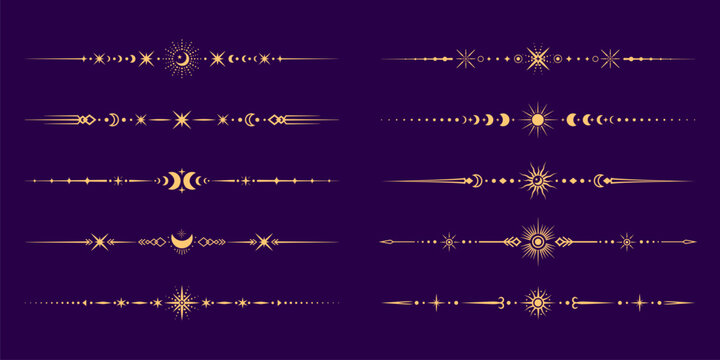 Celestial dividers and separators or border frames with mystic esoteric magic symbols. Golden dividers and border arrows with astrology celestial signs of sun, moon and stars for esoteric frames
