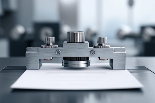 Metal quality control caliper over blank inspection report on table