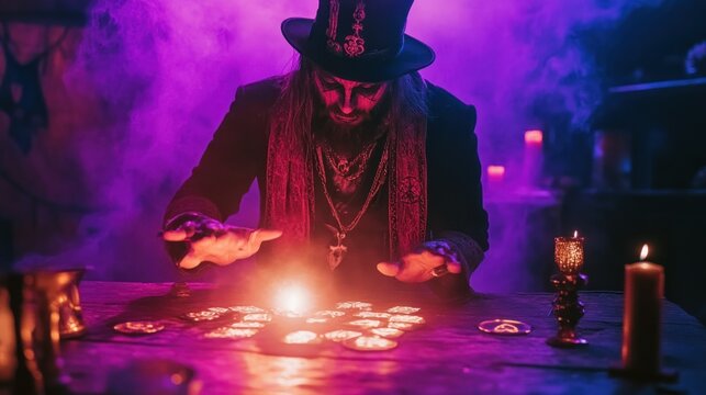 Mysterious sorcerer in dimly lit room, concentrating on burning candles