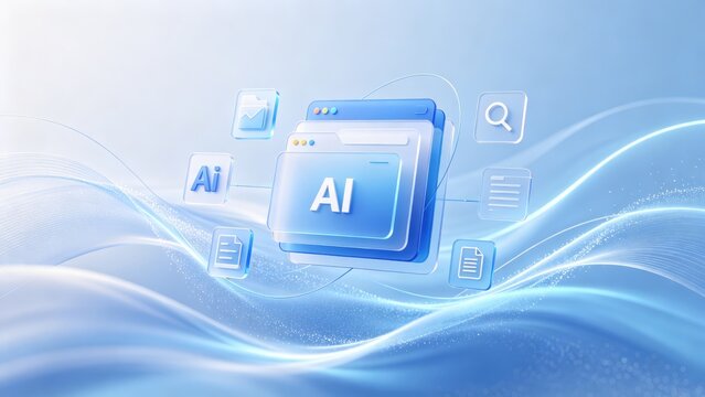 AI powered data management platform interface with digital documents, search and automation workflow, artificial intelligence technology concept