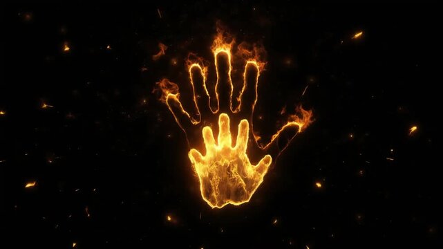 Hand silhouette made of burning bright orange flames with scattering sparks for abstract digital motion video background visual effect