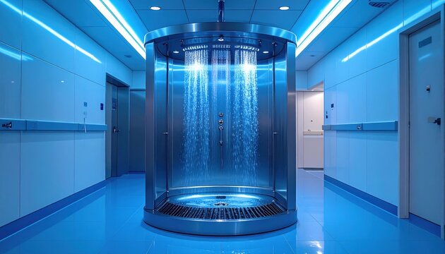 Modern stainless steel decontamination shower unit with multiple spray heads and drainage system illuminated by blue light