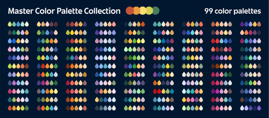 Naklejka na ściany i meble Color harmony palette with drop swatches or master colours chart mix and combination layout. Colors palette guide or spectrum scheme for match and blend of colour samples range from pastel to bright