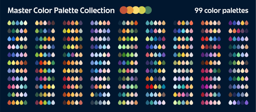Color harmony palette with drop swatches or master colours chart mix and combination layout. Colors palette guide or spectrum scheme for match and blend of colour samples range from pastel to bright