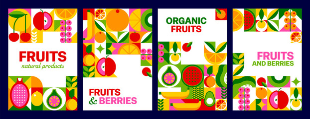 Fototapeta premium Tropical fruits and berries mosaic posters with geometric pattern. Natural product and food tiles with bold color blocks and abstract shapes. Retro modern fresh organic produce, summer healthy eating