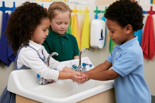 Children washing hands together at classroom sink with colorful towels