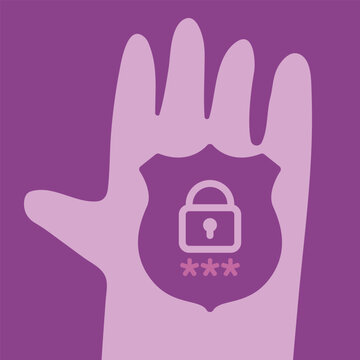 Cyber Security and Data Protection Concept Illustration Featuring Hand Silhouette with Padlock Shield and Pin Code Password Elements