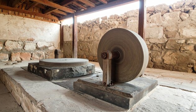 Traditional Heavy Circular Grinding Stone Millstones for Grain Processing in an Ancient Building