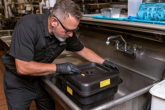 Technician inspecting grease interceptor in commercial kitchen sink