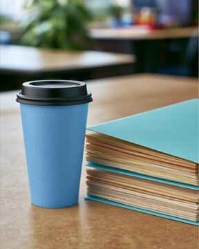 Takeaway coffee cup beside thick blue conference folder on table