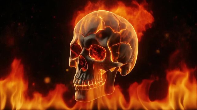 Burning skull animation featuring intense glowing cracks and realistic fire motion effects on a dark black background video footage