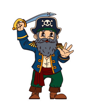 Old bearded corsair pirate cartoon funny character. Pirate tough fighter personage, filibuster captain funny vector character. Corsair sailor cheerful mascot with grey beard, swinging cutlass sword
