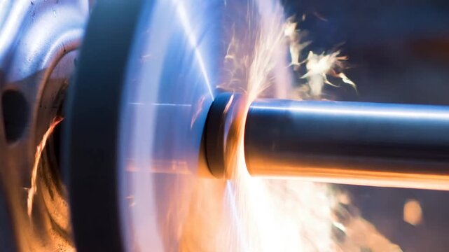 Rotating grinding wheel spins rapidly. Metal workpiece scrapes against the wheel. Bright sparks fly from contact point. Motion blur captures high-speed motion. Industrial manufacturing close-up.