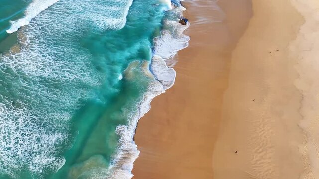 Aerial view of turquoise ocean waves rolling onto sandy beach. Sea foam crests at shoreline with clear water transitions. Golden sand meets ocean in smooth, layered textures.
