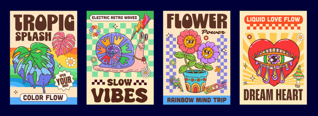 Y2K groovy hippie poster set featuring tropical leaves, rainbow snail character, couple of flowers in pot and heart with an eye and purple tears. Bold retro posters for print design and wall art © Buch&Bee