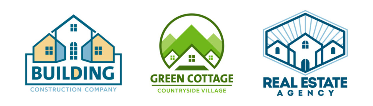 Real estate agency, residence apartment, house construction icons. Corporate emblems for building construction company, property developers, builders, contractors with green cottage countryside houses