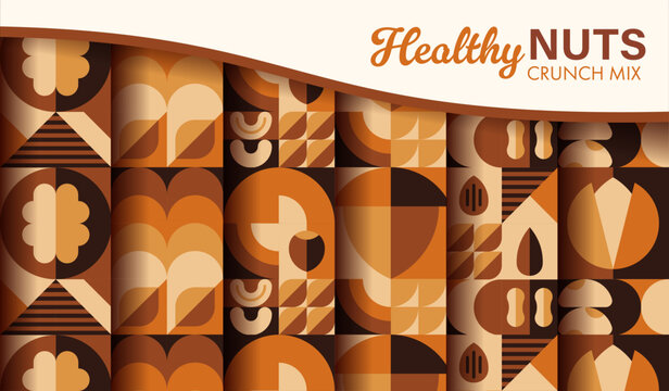Nuts and beans modern geometric seamless patterns. Vector tile backgrounds, textures or wallpapers with brown and beige nuts, beans, grains and seeds motifs, conveying healthy snack and natural food