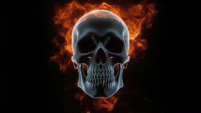 Skull burning with intense golden flames on a dark black background creating a cinematic digital motion video graphic animation effect