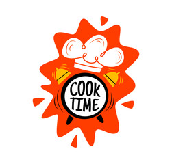 Obraz premium Cook time icon with chef toque hat and alarm clock bells for kitchen cooking and food emblem. Time to cook quote in cartoon doodle red splash with kitchen cook hat for restaurant cuisine or fast food