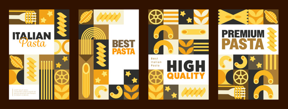 Italian pasta and noodle posters with modern geometric pattern for food background. Italian cuisine pasta pattern with geometric spaghetti and penne, farfalle or fusilli and fettuccine noodles on fork
