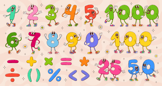 Cartoon groovy math numbers characters, school education vector personages with hippie daisy flowers. Retro y2k psychedelic mathematics digits, groovy math numbers and numerals with arithmetic symbols