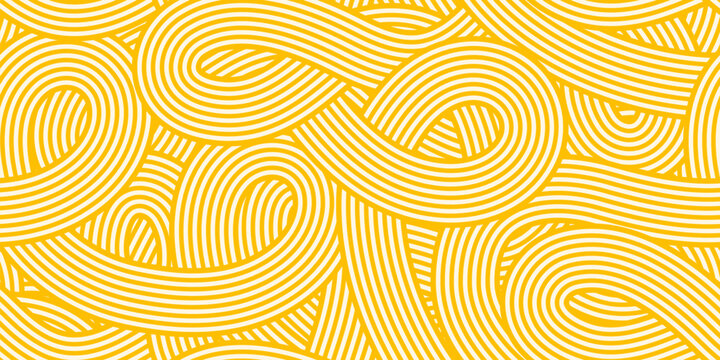 Asian ramen noodles seamless pattern, Italian pasta spaghetti background. Yellow tile texture for textile or wallpaper, featuring wavy macaroni lines. Appetizing food ornament, soba noodle waves motif