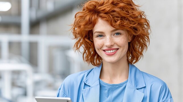 Young redhead woman holding tablet in modern office