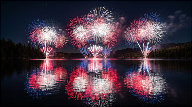 Vibrant red white and blue fireworks exploding over a dark calm lake during a festive night celebration in summer season