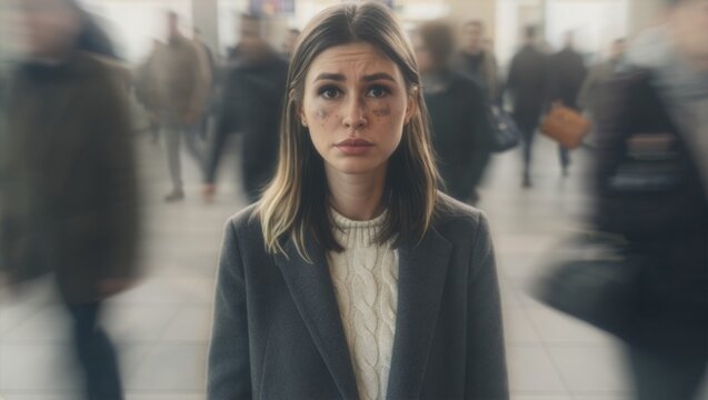 Sad young woman standing lonely in a blurred crowded public place, representing mental health, loneliness, anxiety, depression, feeling lost, stress, panic attack, and psychological concept
