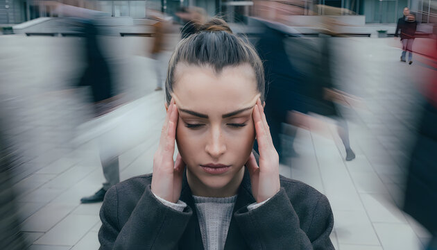 Young woman holding her temples with closed eyes standing in a blurry crowded street, representing severe migraine attack, mental stress, anxiety, agoraphobia, panic attack, and urban burnout.