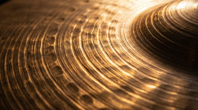 Detailed close-up of the textured surface of a hammered bronze cymbal in warm golden light, showcasing its intricate pattern of concentric ridges and dimples