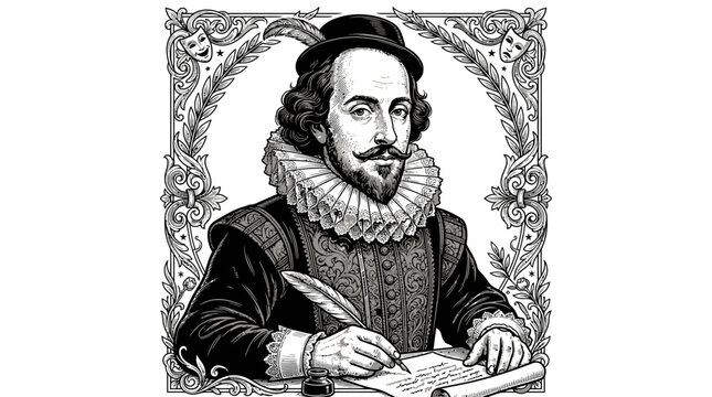 Illustration of William Shakespeare writing.