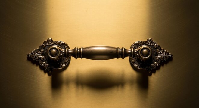 Ornate bronze door handle on golden background with decorative details