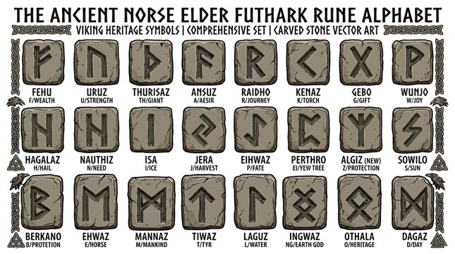 The Ancient Norse Elder Futhark Rune Alphabet symbols.