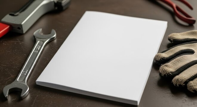Blank White Paper Sheet on Wooden Surface with Tools