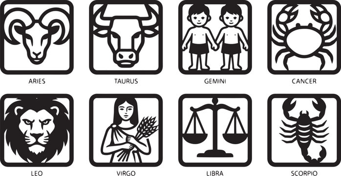 Black and white zodiac sign icons set representing Aries, Taurus, Gemini, Cancer, Leo, Virgo, Libra, and Scorpio astrological symbols.