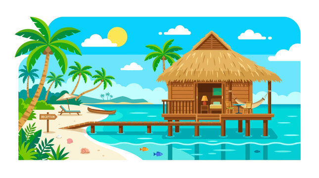 A serene tropical hut on stilts over water.