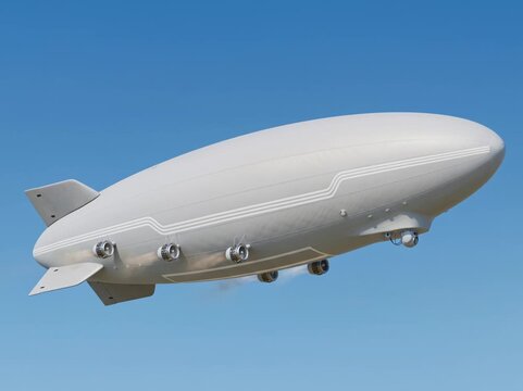 White cargo airship in flight with smoking jet engines and striped hull markings against plain blue sky