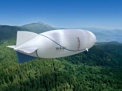 Massive cargo airship cruising above dense green forest and misty mountains with visible propulsion engines and rudder