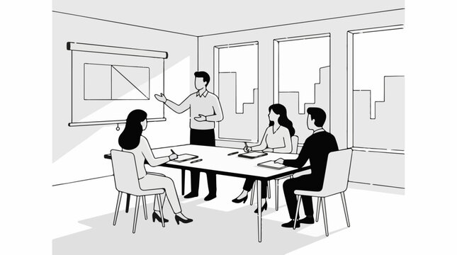 A man presents to three colleagues in a conference room with a projector screen