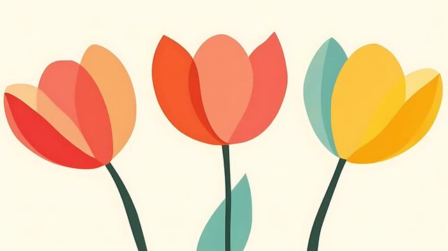Minimalist flat vector illustration of three colorful tulips on a light cream background.