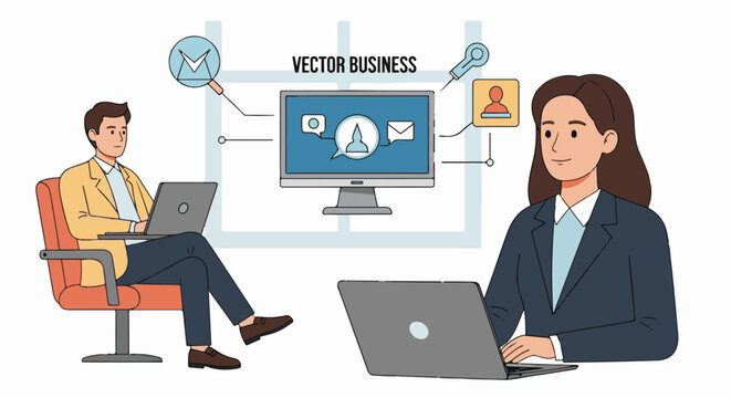 A vector graphic illustration of two business professionals working on laptops