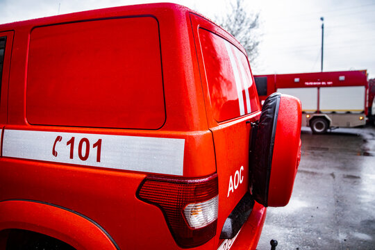 Red UAZ Patriot car of the Ministry of Emergency Situations on duty