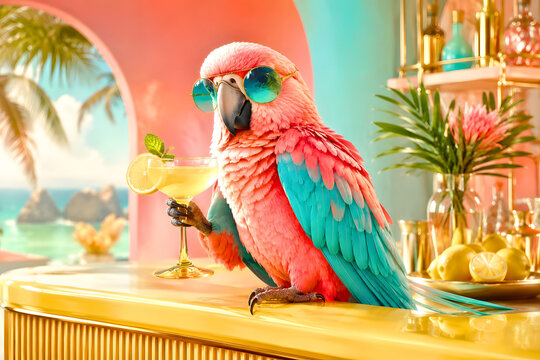Colorful parrot enjoying a summer vacation drink in a sunny tropical paradise beach background