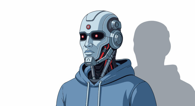 A robotic figure with a humanoid head, red eyes, and a hoodie