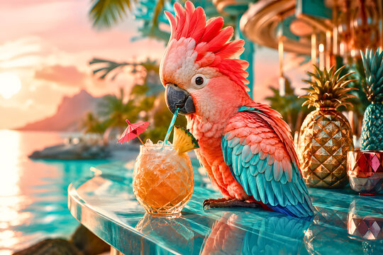Cute pink Parrot drinking a tropical cocktail with a straw at a luxury resort pool bar