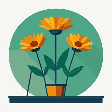 A vibrant graphic illustration of three blooming flowers in a pot on a shelf against a green circle background
