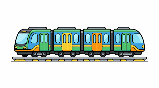A vibrant green, blue, yellow, and orange train with four cars on tracks
