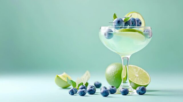 Refreshing blueberry lime cocktail with ice cubes and mint on pastel background