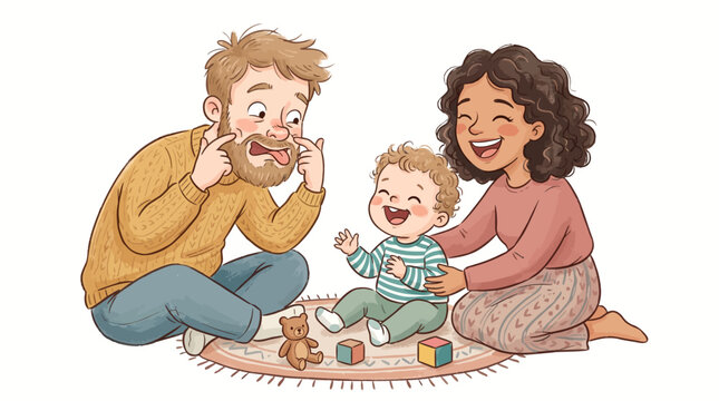Happy family playing with their baby on the floor cartoon vector illustration